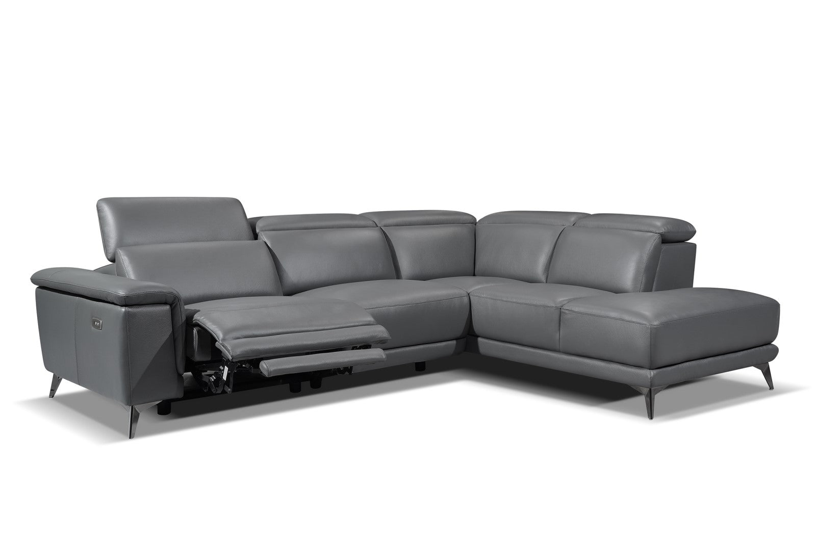 Valencia Pista Modern Top Grain Leather Reclining Sectional Sofa with Right-Hand Facing Chaise, Grey