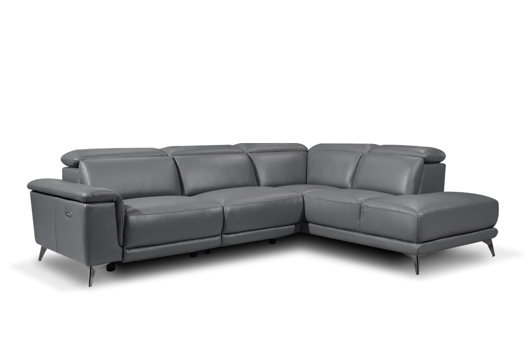 Valencia Pista Modern Top Grain Leather Reclining Sectional Sofa with Right-Hand Facing Chaise, Grey