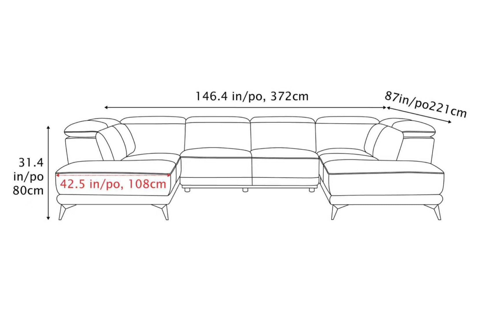 Pista Leather U Chaises Sectional Sofa