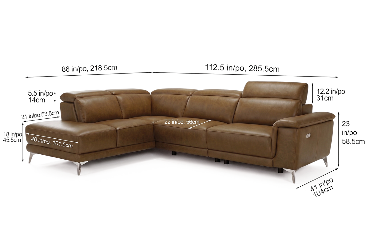 Pista reclining chaise sectional in Weathered Saddle distressed Italian aniline leather, left chaise configuration
