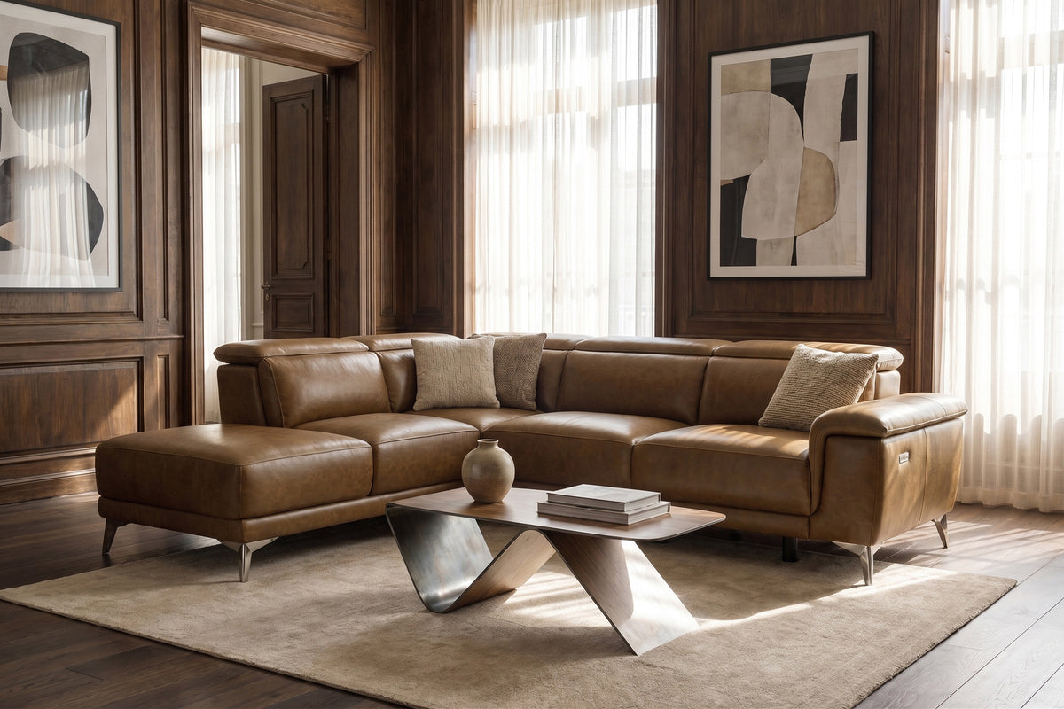 Pista reclining chaise sectional in Weathered Saddle distressed Italian aniline leather, left chaise configuration