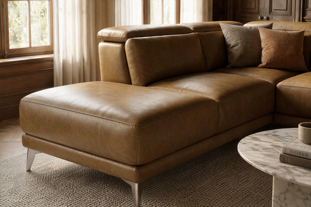 Pista reclining chaise sectional in Weathered Saddle distressed Italian aniline leather, left chaise configuration