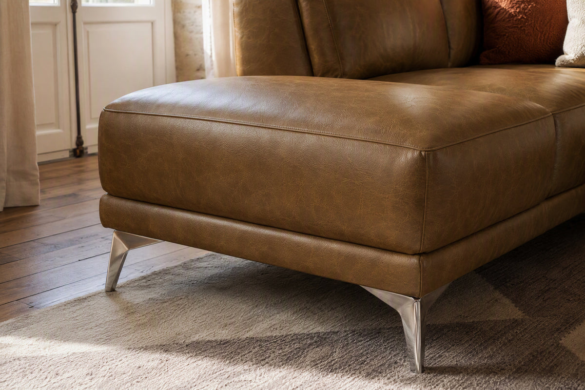 Pista reclining chaise sectional in Weathered Saddle distressed Italian aniline leather, left chaise configuration