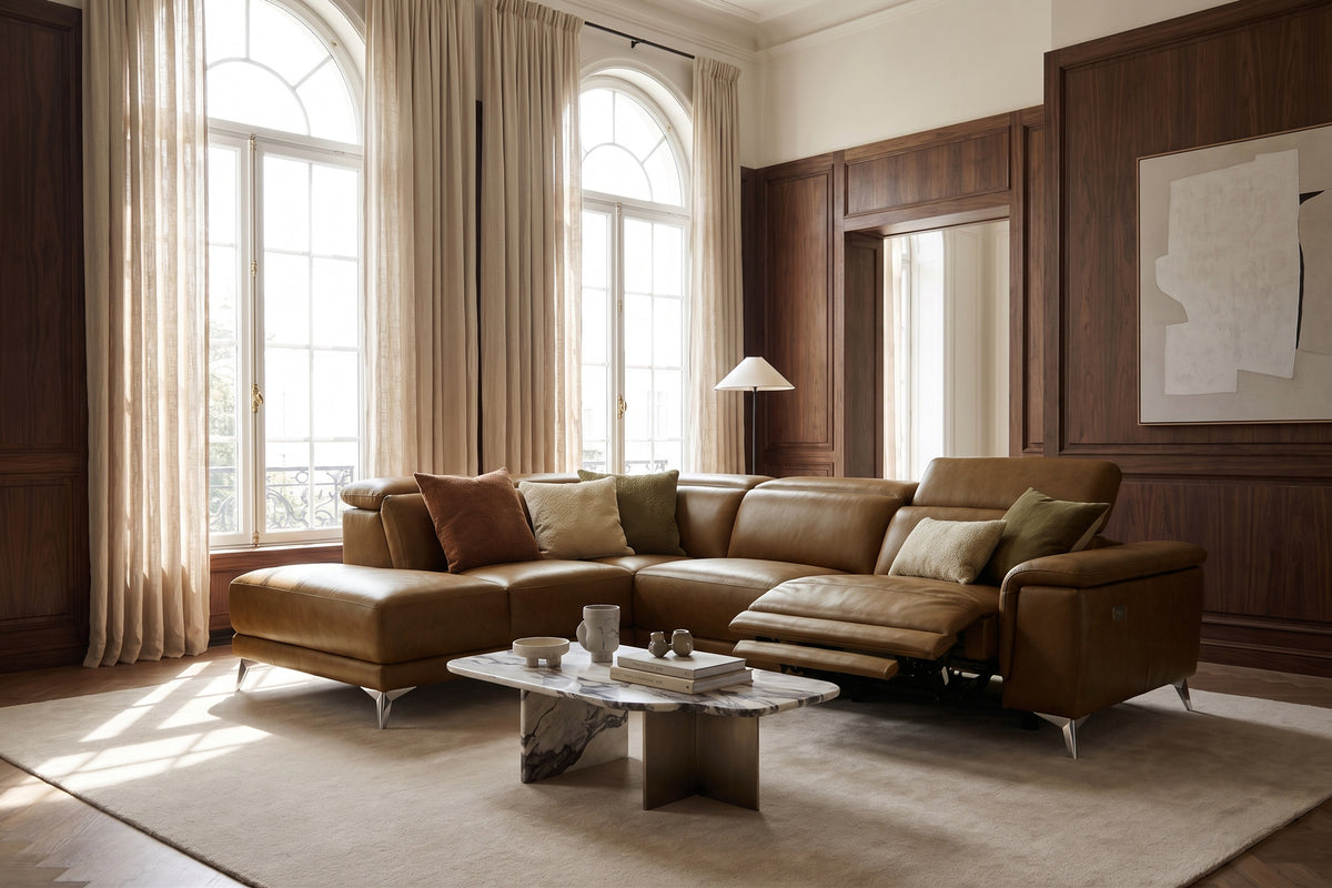 Pista reclining chaise sectional in Weathered Saddle distressed Italian aniline leather, left chaise configuration