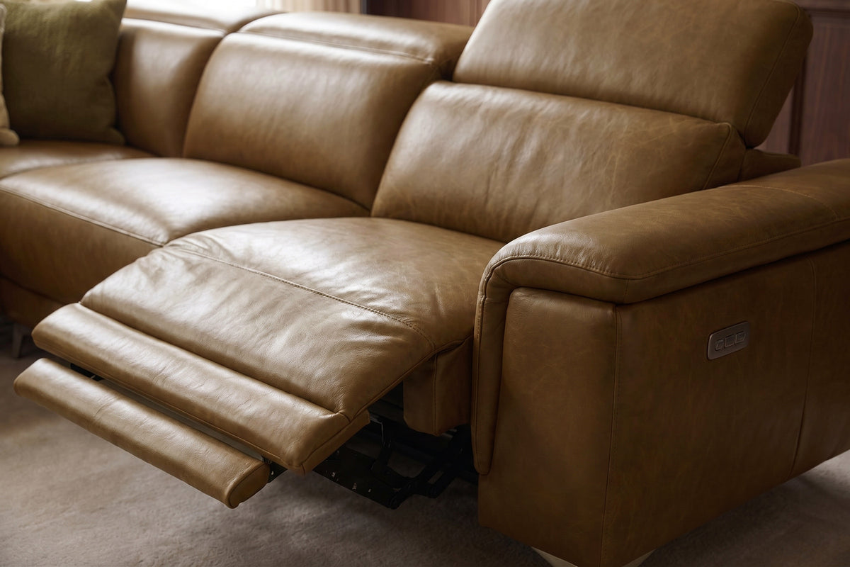 Pista reclining chaise sectional in Weathered Saddle distressed Italian aniline leather, left chaise configuration