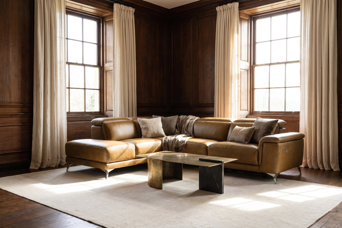 Pista reclining chaise sectional in Weathered Saddle distressed Italian aniline leather, left chaise configuration