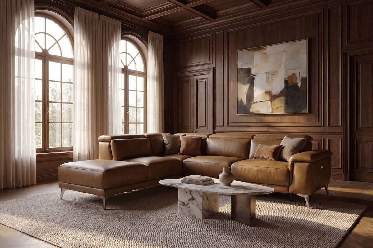 Pista reclining chaise sectional in Weathered Saddle distressed Italian aniline leather, left chaise configuration