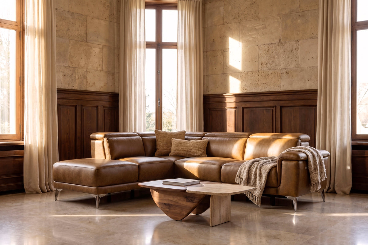 Pista reclining chaise sectional in Weathered Saddle distressed Italian aniline leather, left chaise configuration