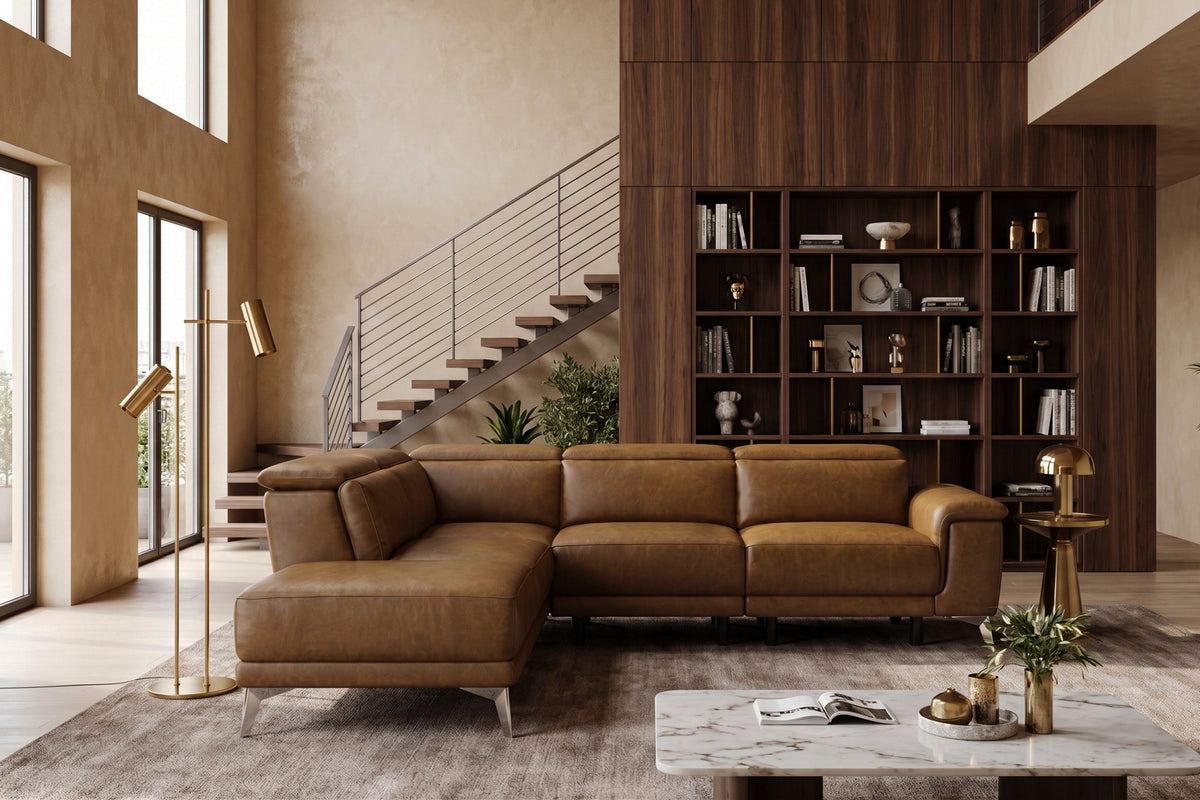 Pista reclining chaise sectional in Weathered Saddle distressed Italian aniline leather, left chaise configuration