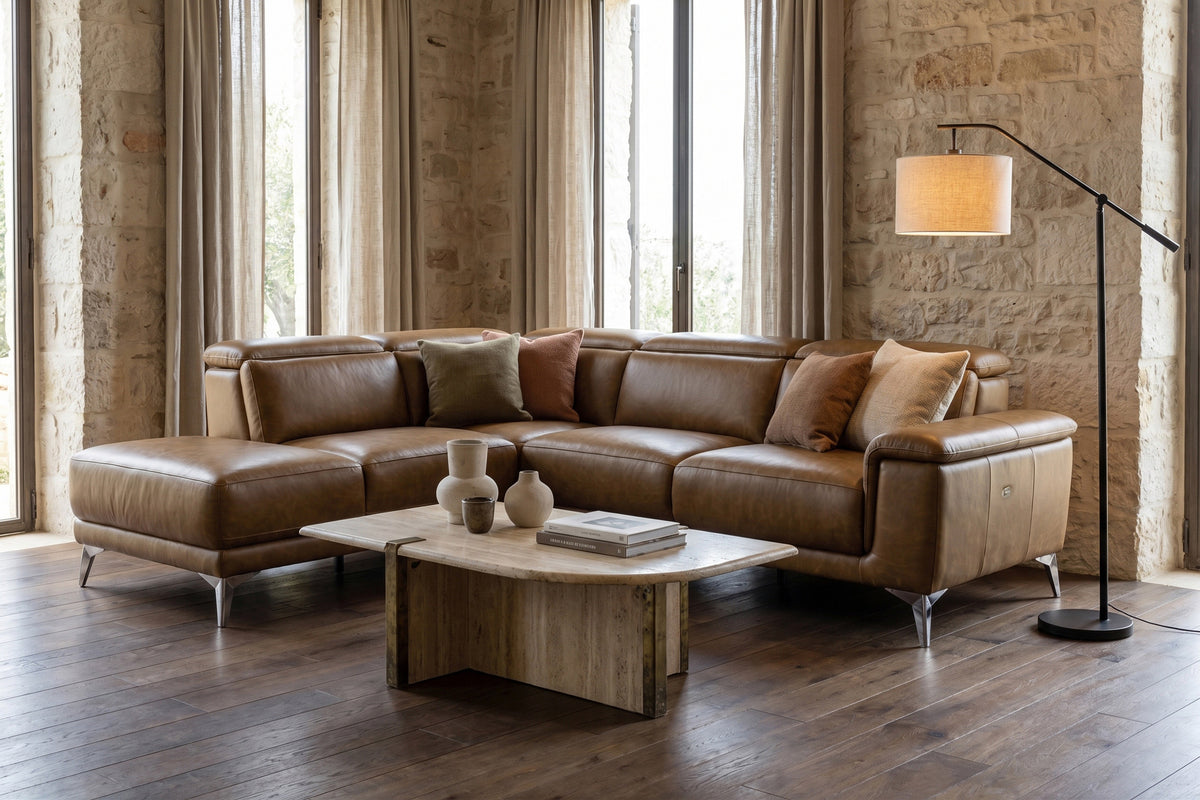 Pista reclining chaise sectional in Weathered Saddle distressed Italian aniline leather, left chaise configuration