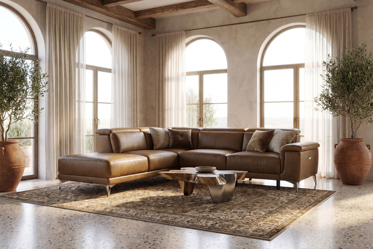 Pista reclining chaise sectional in Weathered Saddle distressed Italian aniline leather, left chaise configuration