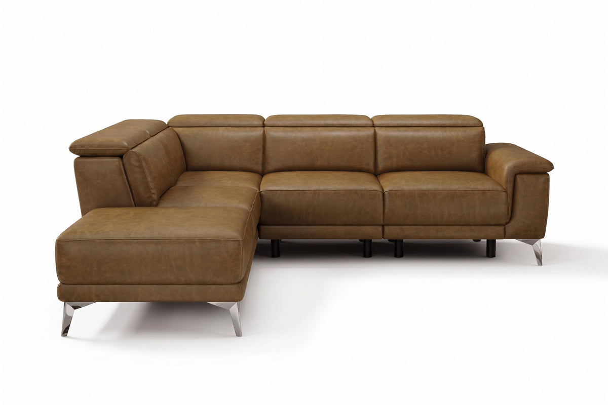 Pista reclining chaise sectional in Weathered Saddle distressed Italian aniline leather, left chaise configuration