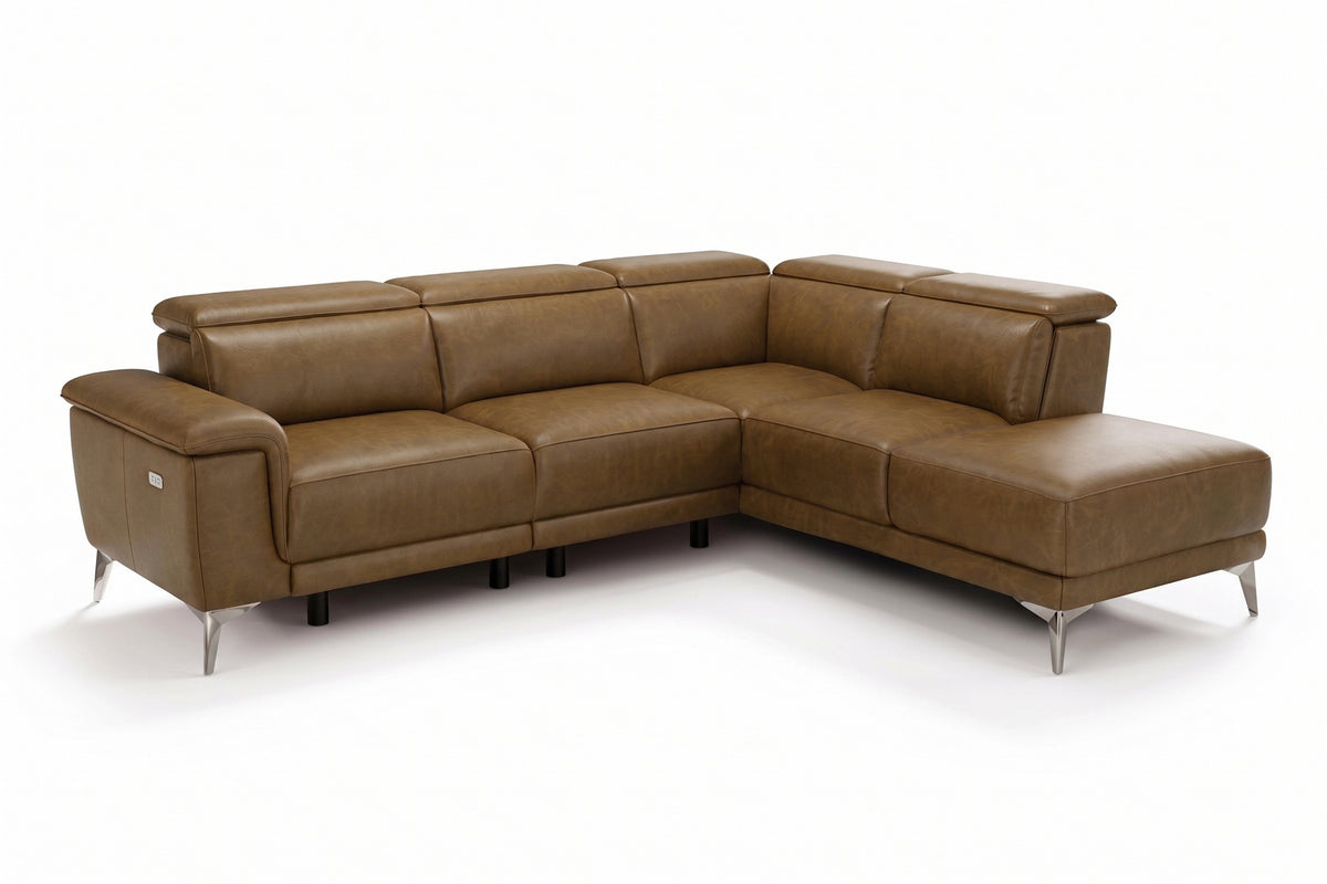 Pista reclining chaise sectional in Weathered Saddle distressed Italian aniline leather, left chaise configuration