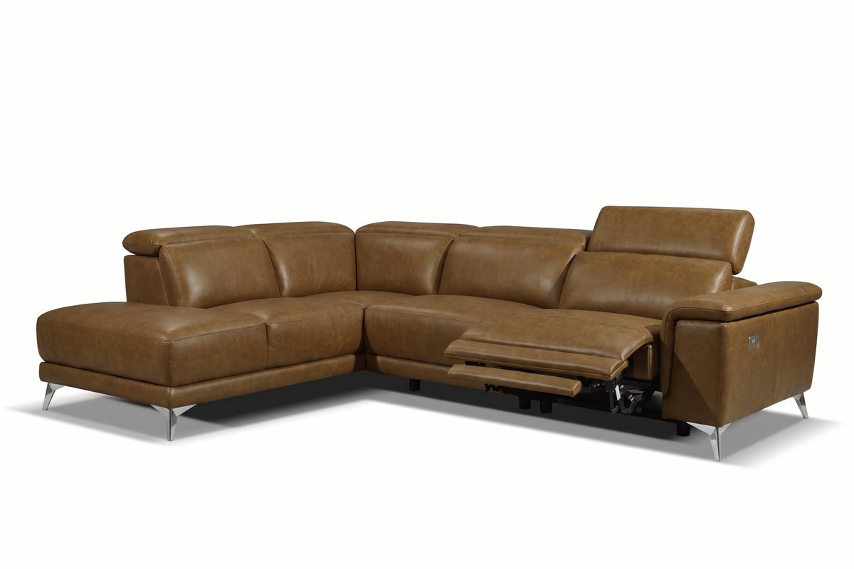Pista reclining chaise sectional in Weathered Saddle distressed Italian aniline leather, left chaise configuration