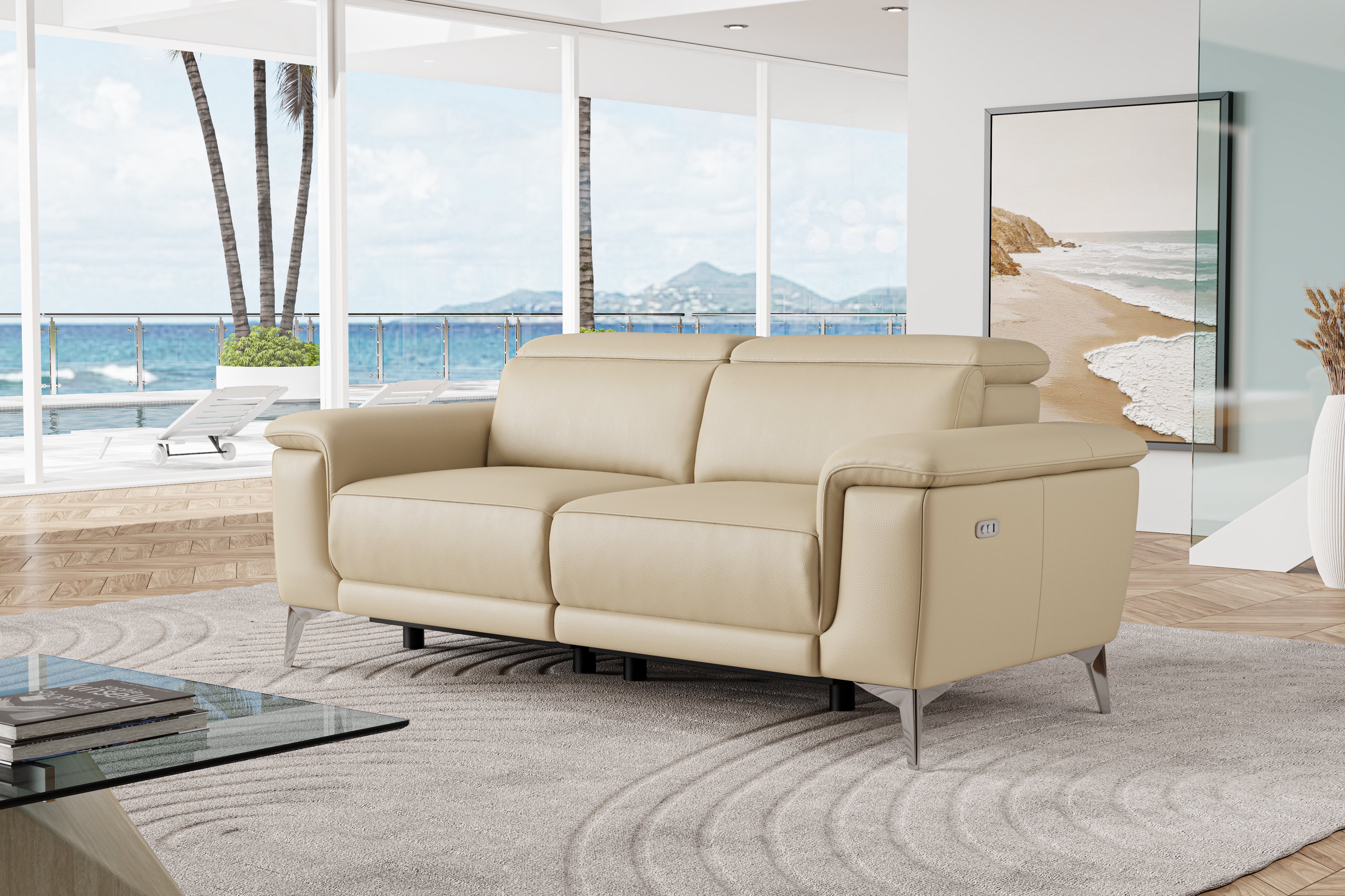 Valencia Pista Modern Top Grain Leather Reclining Loveseat Sofa, Beige