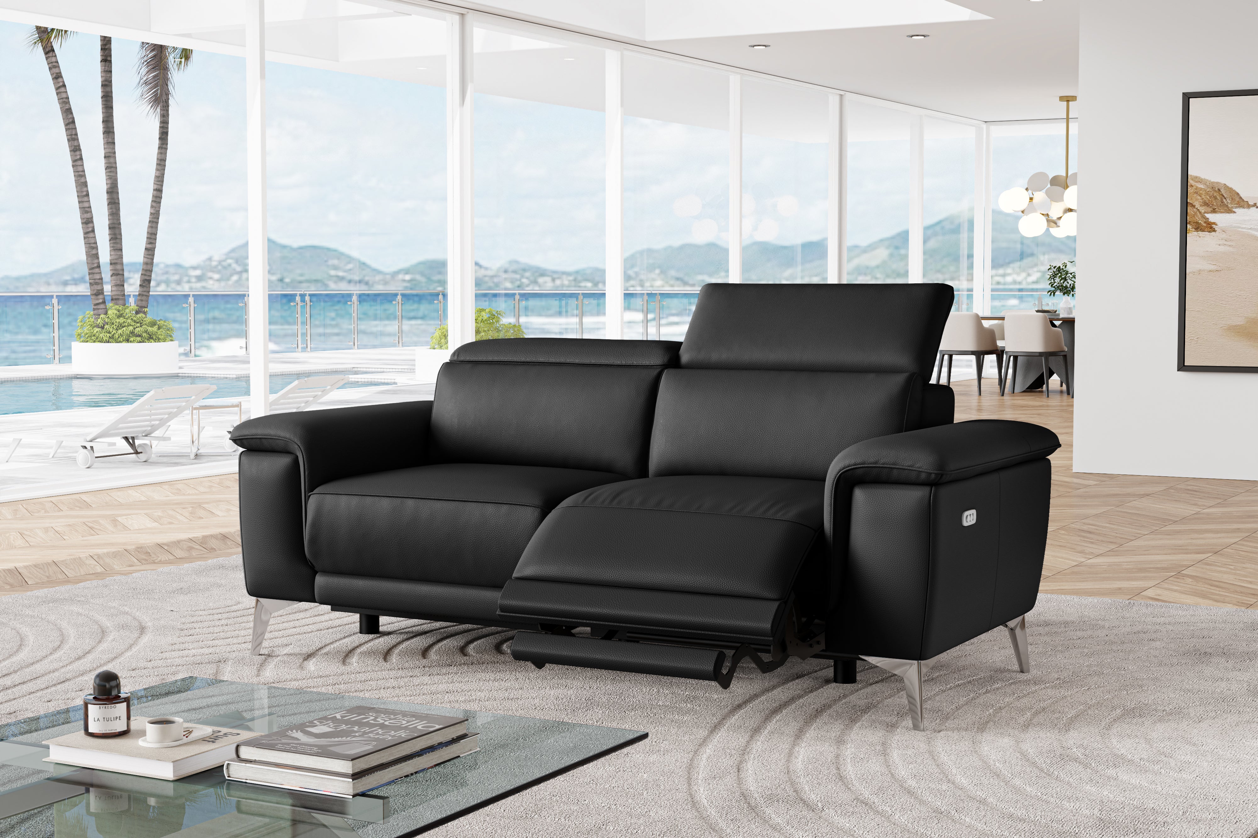 Valencia Pista Modern Top Grain Leather Reclining Loveseat Sofa, Black