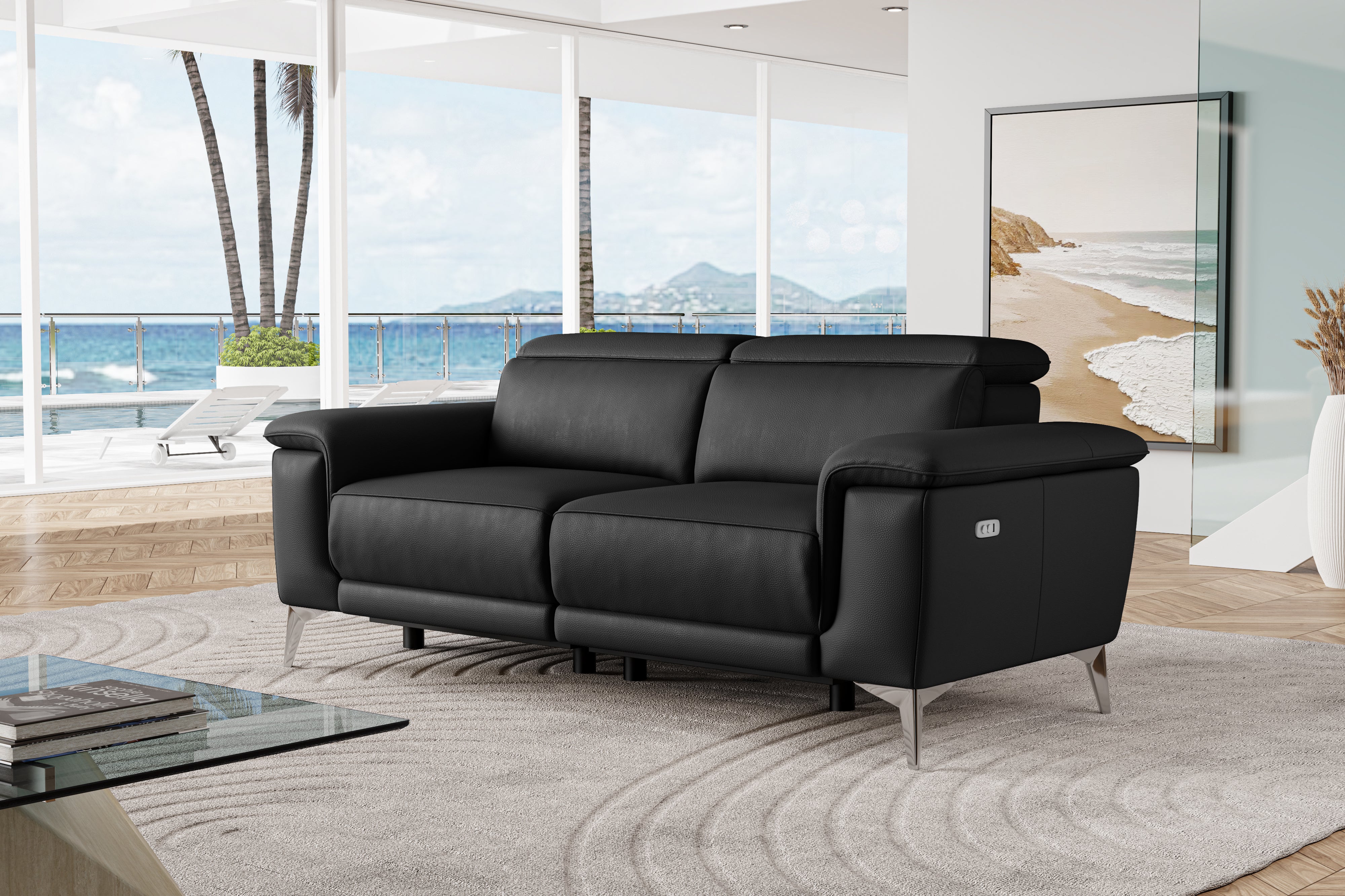 Valencia Pista Modern Top Grain Leather Reclining Loveseat Sofa, Black