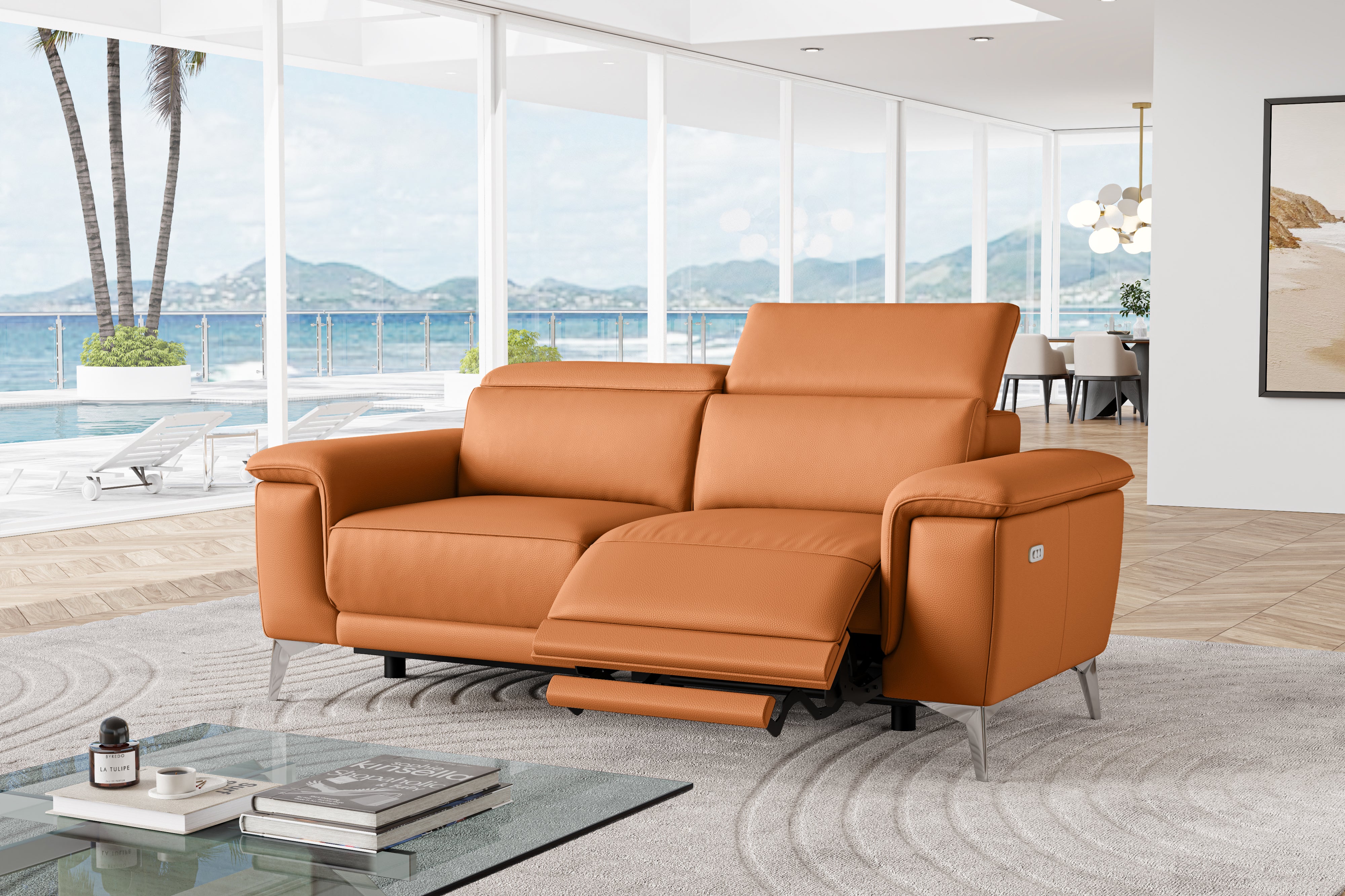 Valencia Pista Modern Top Grain Leather Reclining Loveseat Sofa, Cognac