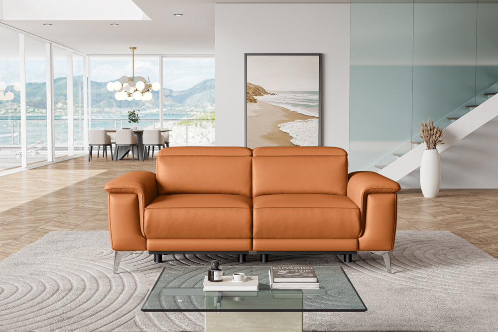 Valencia Pista Modern Top Grain Leather Reclining Loveseat Sofa, Cognac