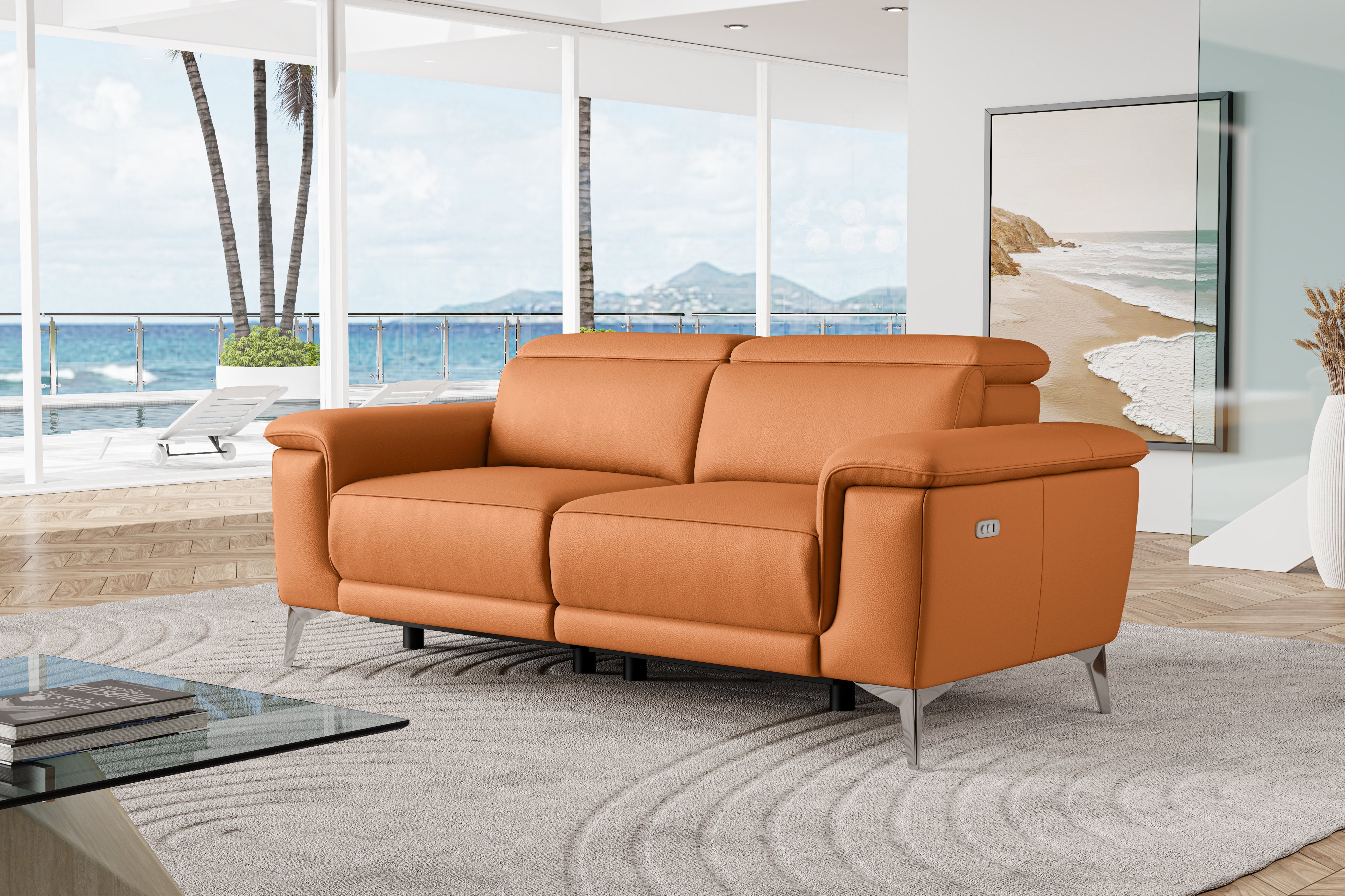 Valencia Pista Modern Top Grain Leather Reclining Loveseat Sofa, Cognac