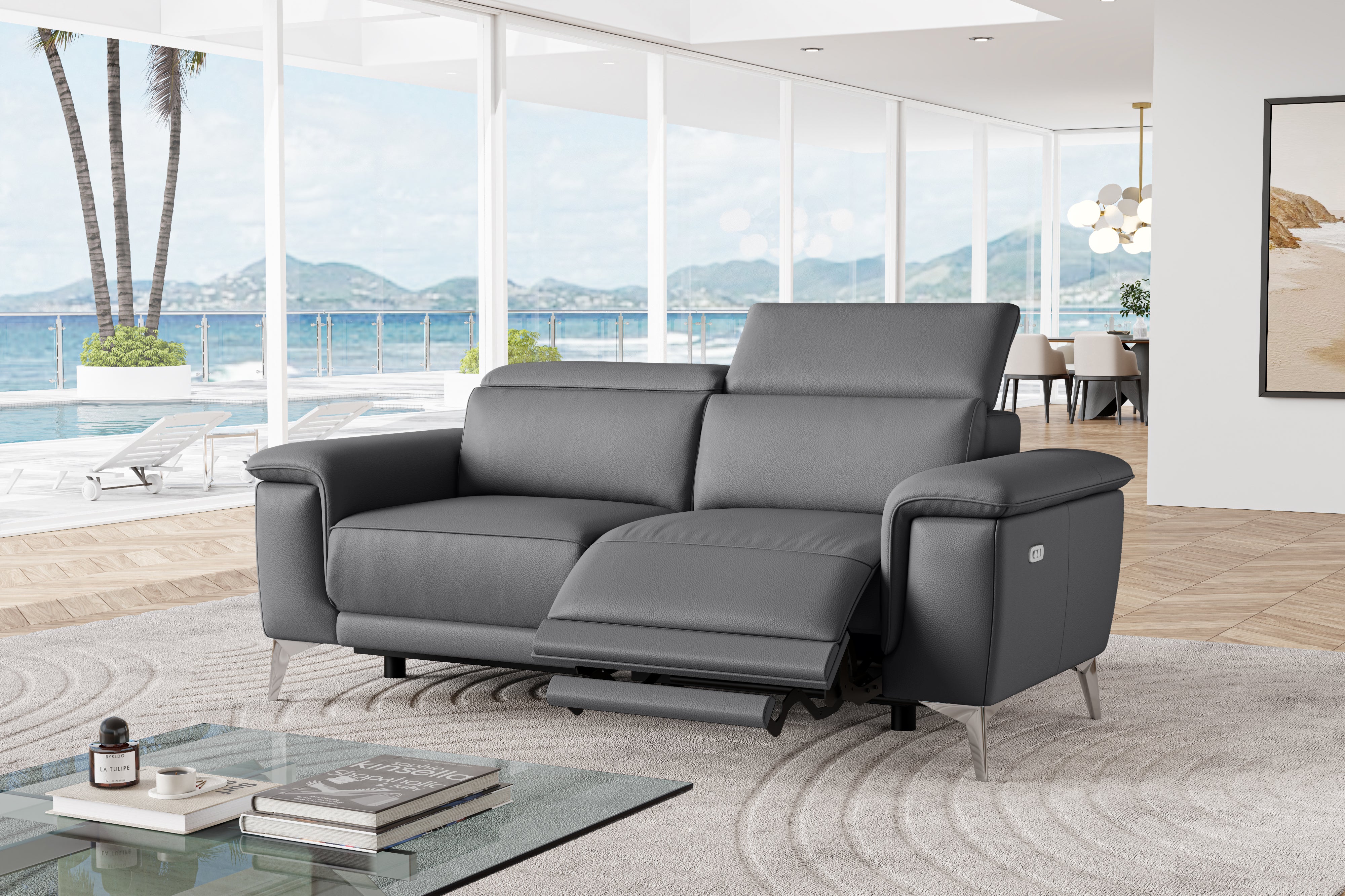 Valencia Pista Modern Top Grain Leather Reclining Loveseat Sofa, Grey