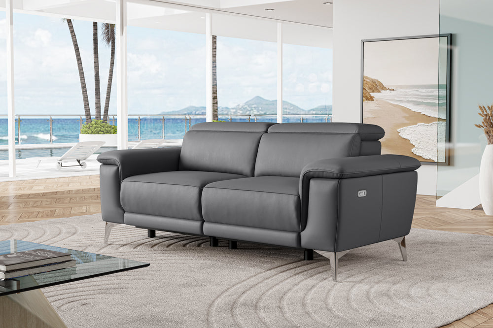 Valencia Pista Modern Top Grain Leather Reclining Loveseat Sofa, Grey