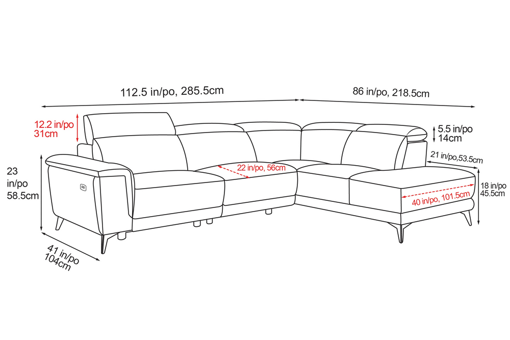 Valencia Pista Modern Top Grain Leather Reclining Sectional Sofa with Right-Hand Facing Chaise, Grey