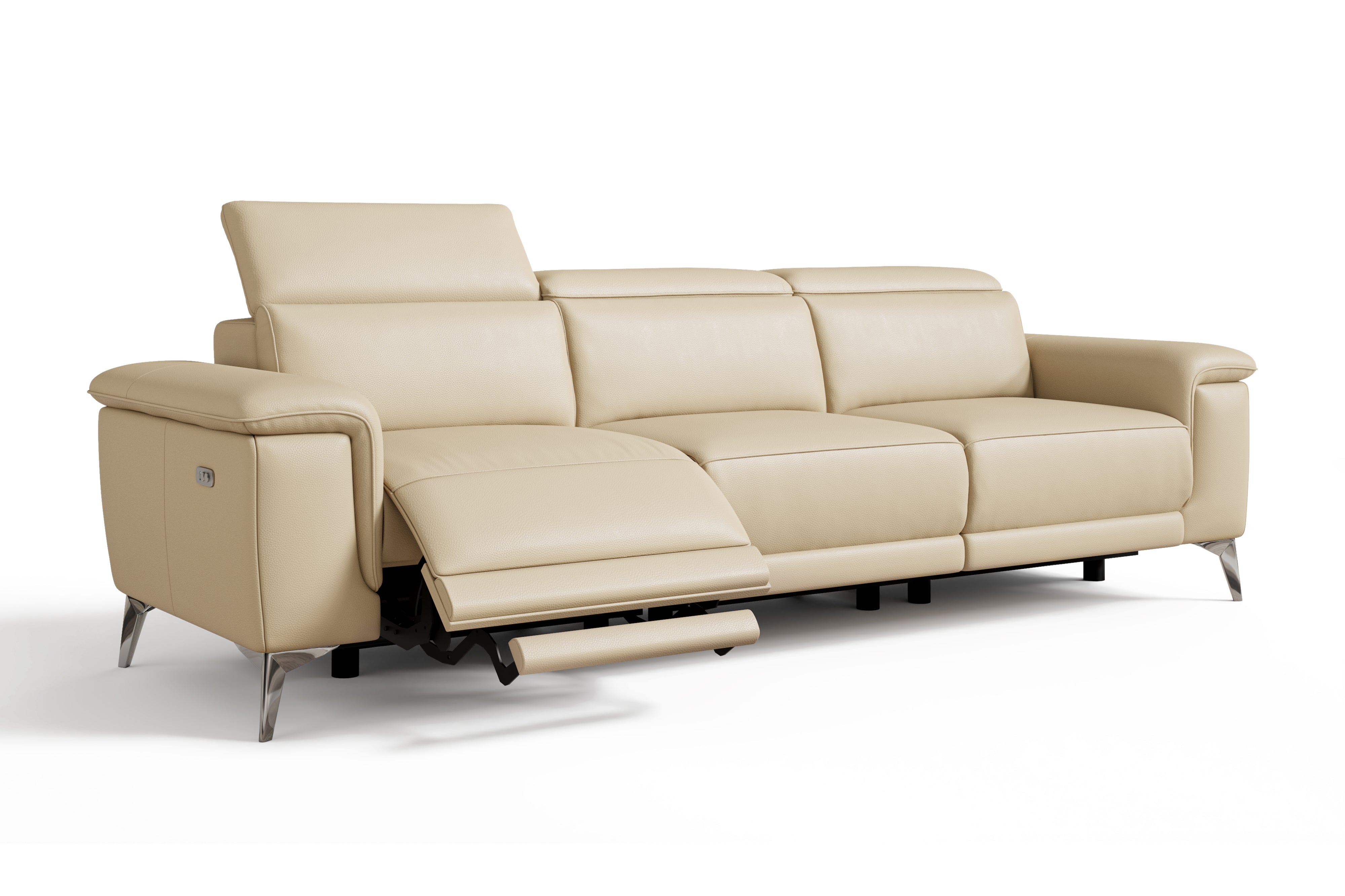 Valencia Pista Modern Top Grain Leather Reclining Three Seats Sofa, Beige