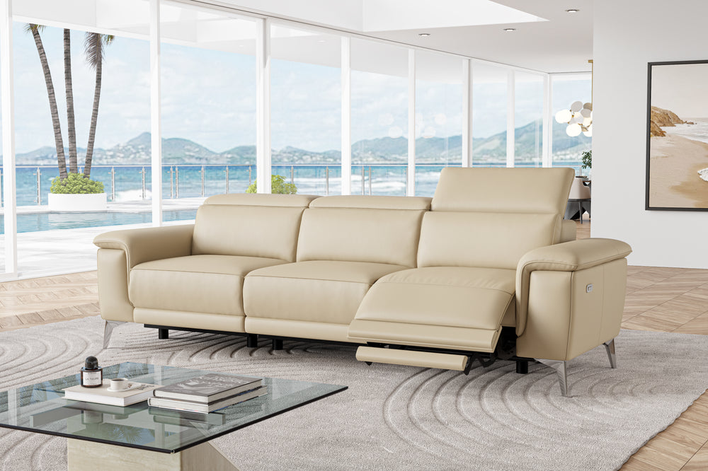 Valencia Pista Modern Top Grain Leather Reclining Three Seats Sofa, Beige