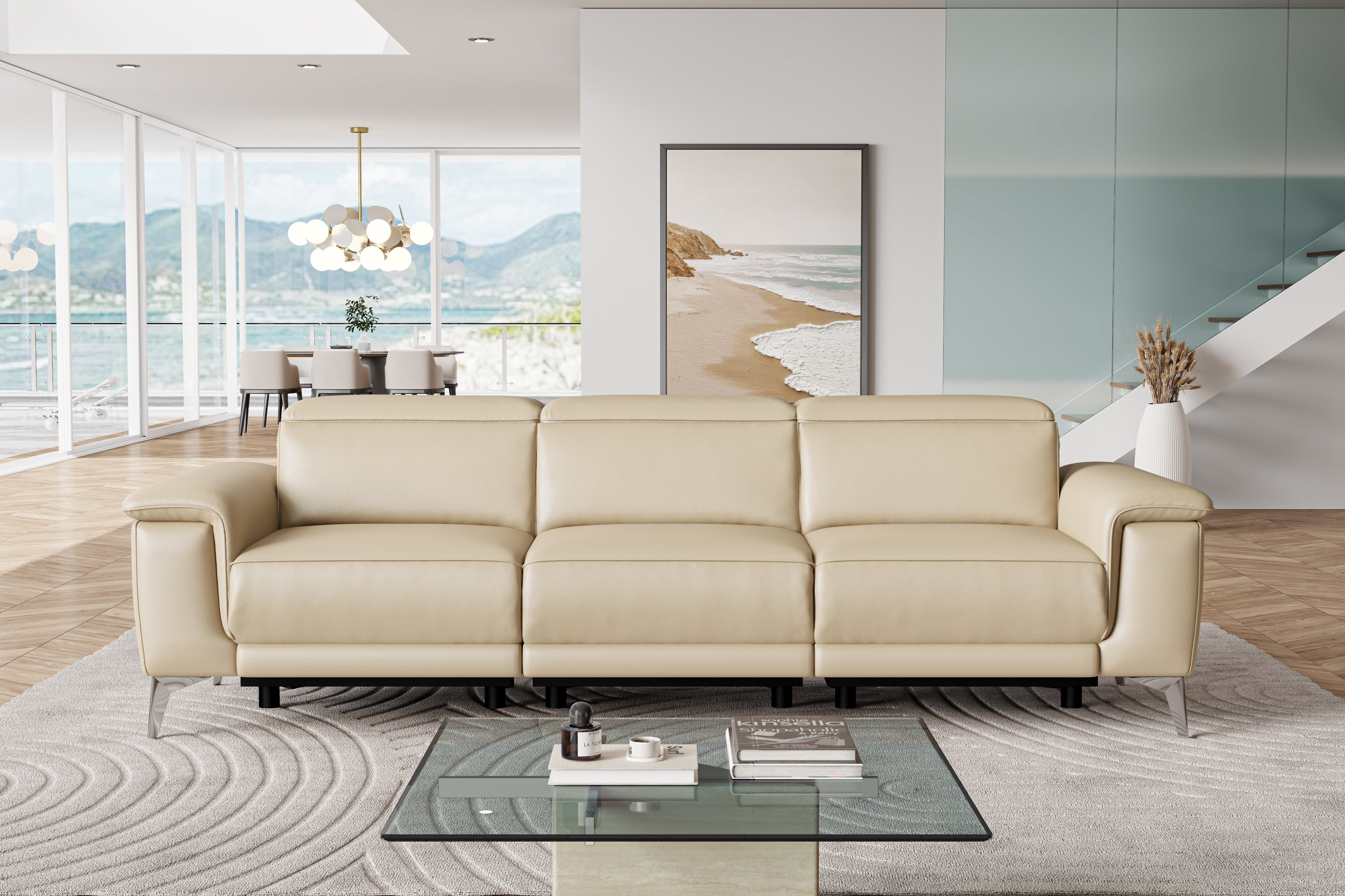 Valencia Pista Modern Top Grain Leather Reclining Three Seats Sofa, Beige