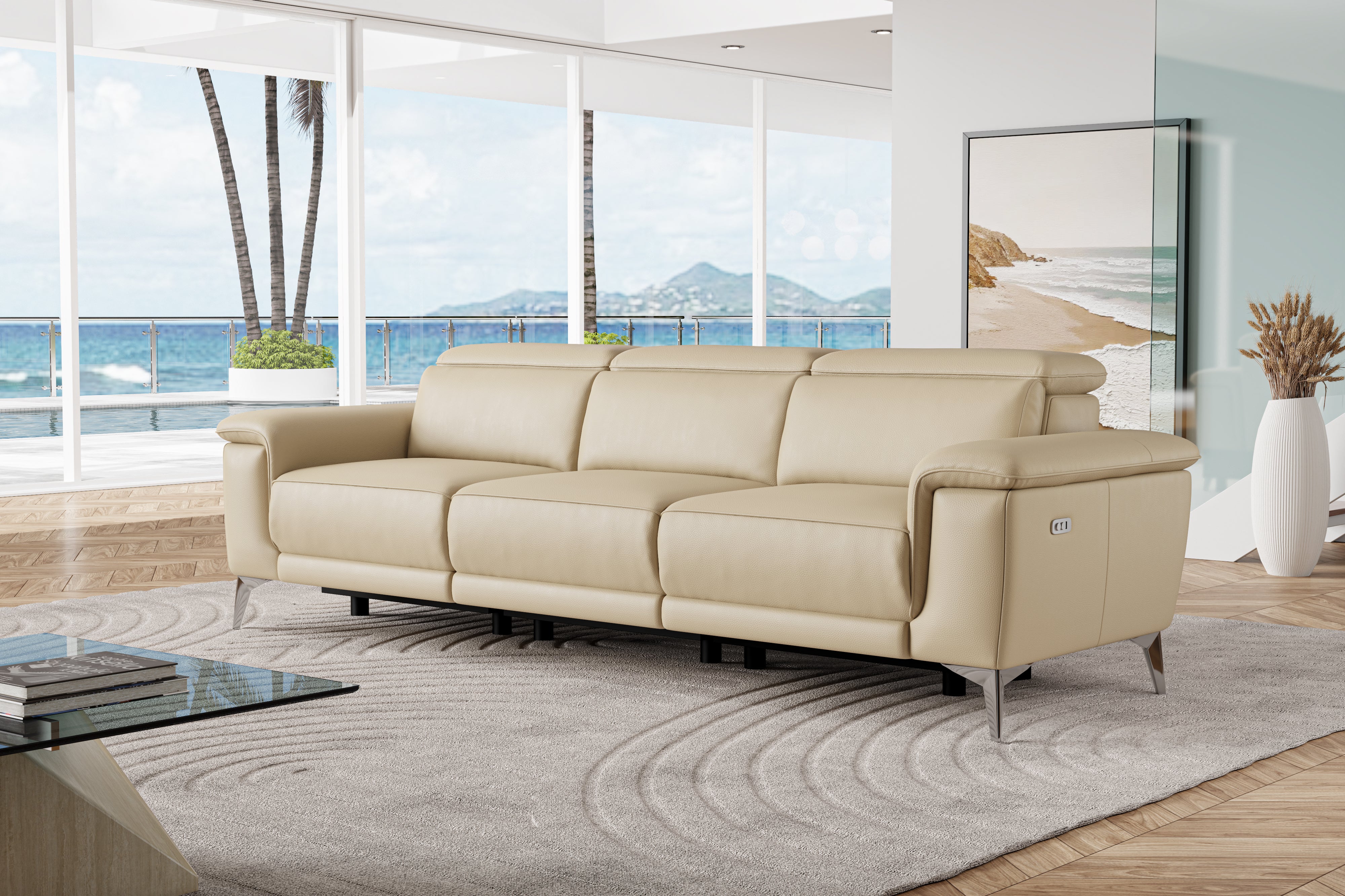 Valencia Pista Modern Top Grain Leather Reclining Three Seats Sofa, Beige