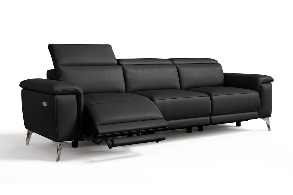 Valencia Pista Modern Top Grain Leather Reclining Three Seats Sofa, Black