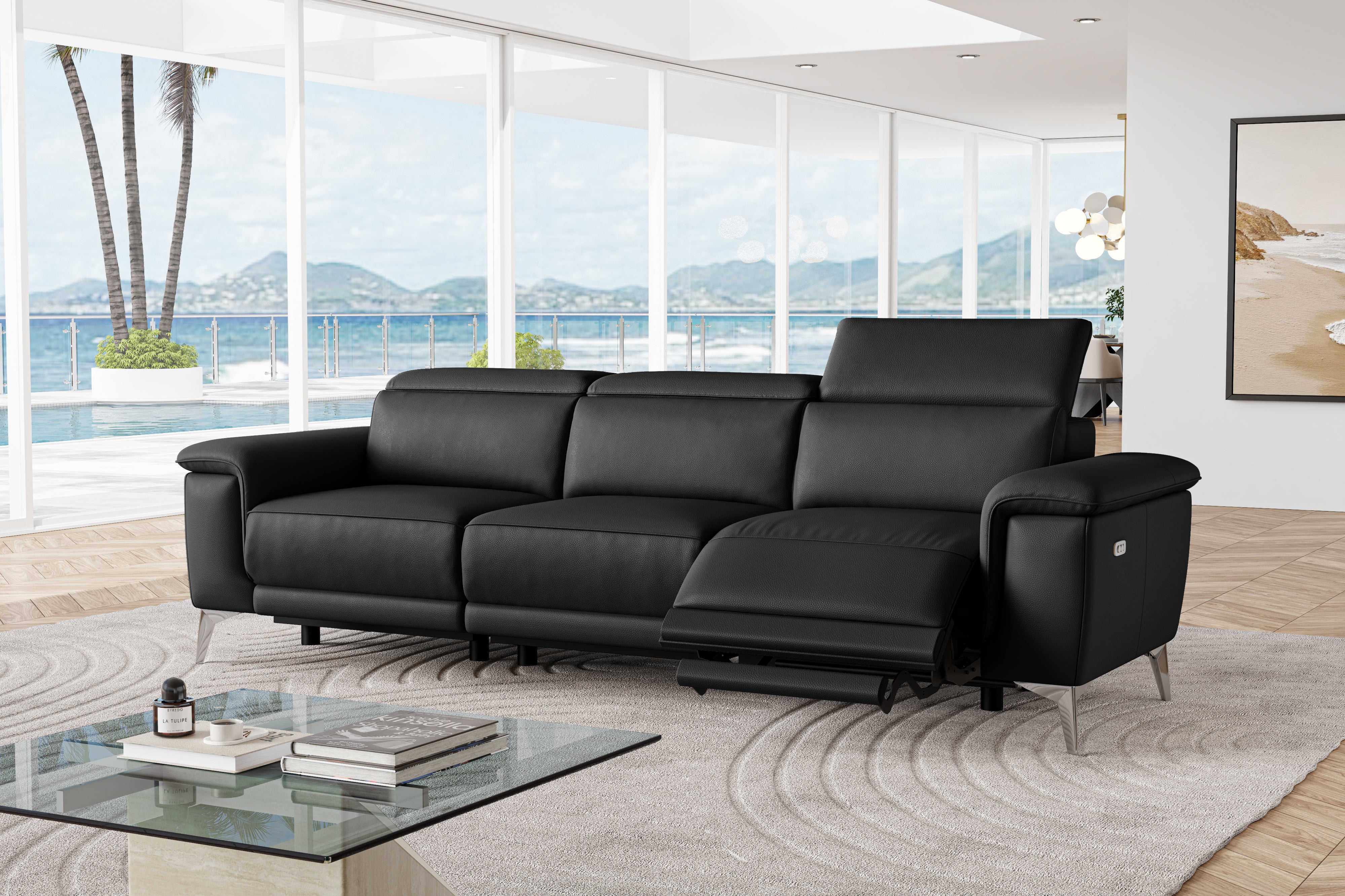 Valencia Pista Modern Top Grain Leather Reclining Three Seats Sofa, Black