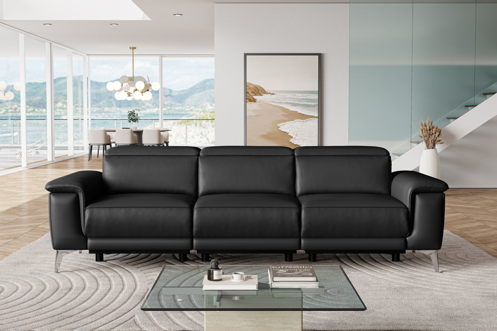 Valencia Pista Modern Top Grain Leather Reclining Three Seats Sofa, Black