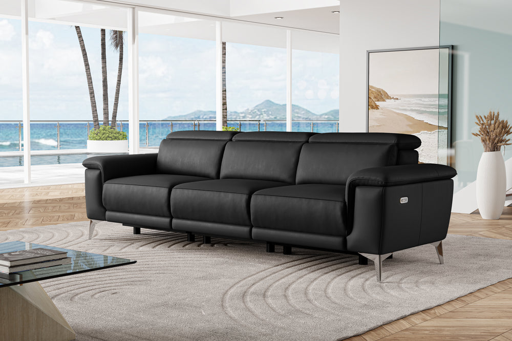 Valencia Pista Modern Top Grain Leather Reclining Three Seats Sofa, Black