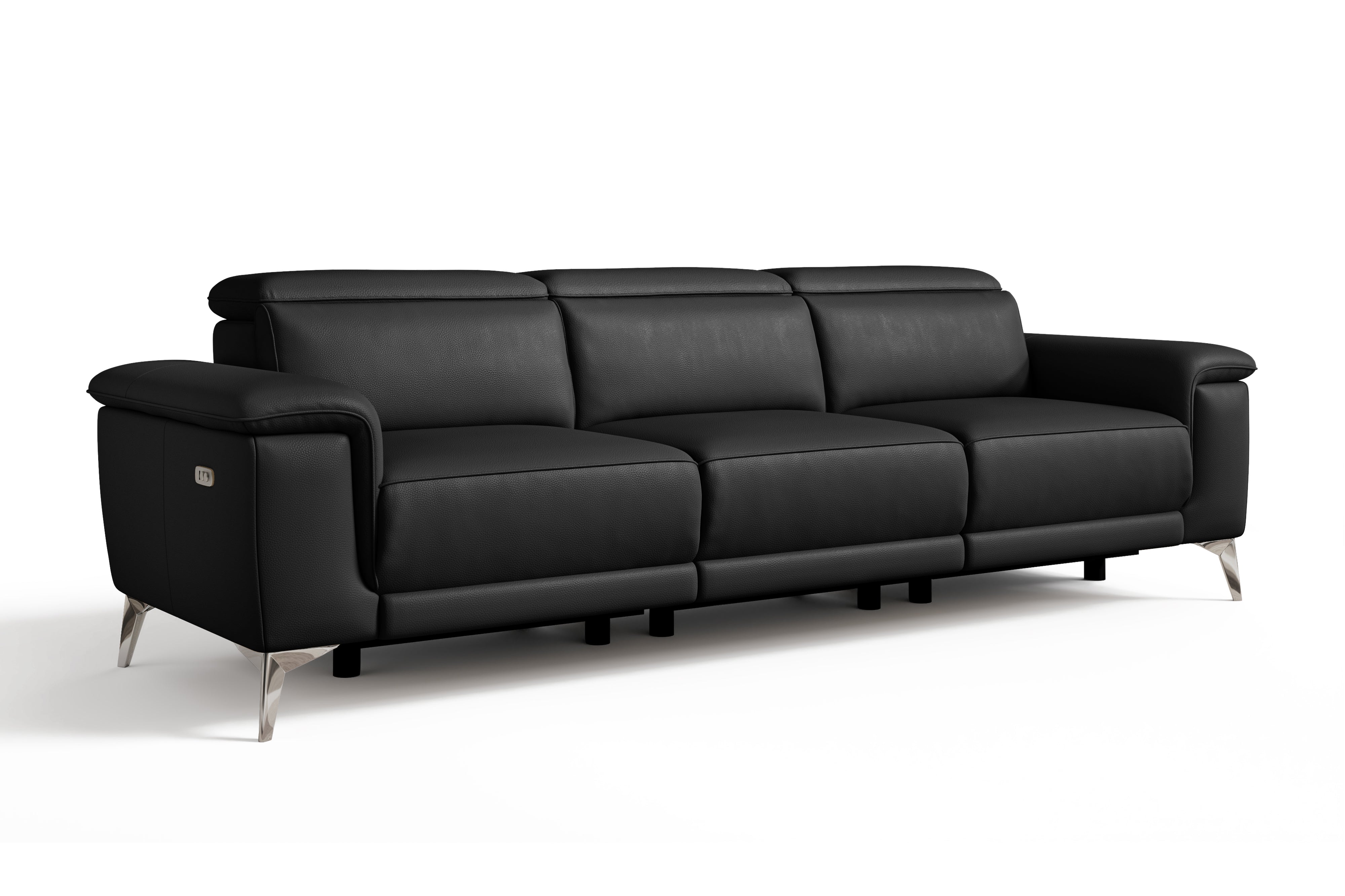 Valencia Pista Modern Top Grain Leather Reclining Three Seats Sofa, Black