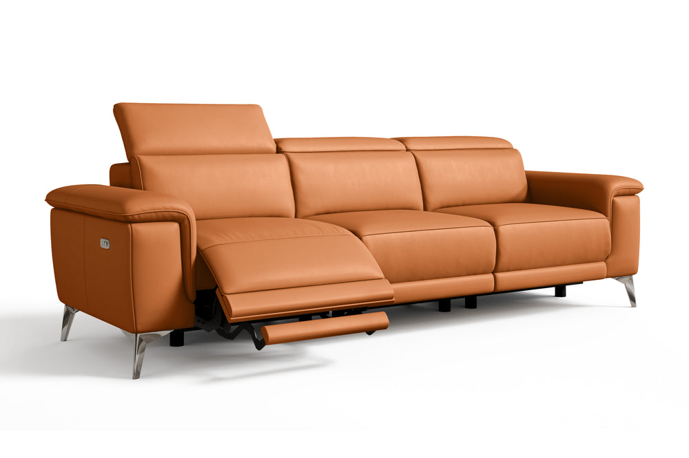 Valencia Pista Modern Top Grain Leather Reclining Three Seats Sofa, Cognac