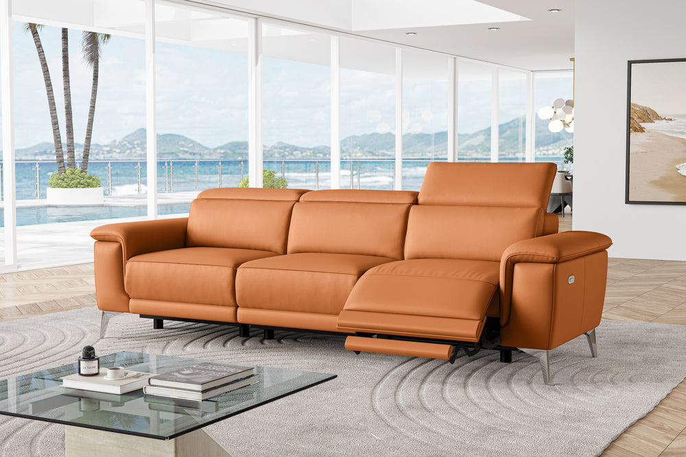 Valencia Pista Modern Top Grain Leather Reclining Three Seats Sofa, Cognac