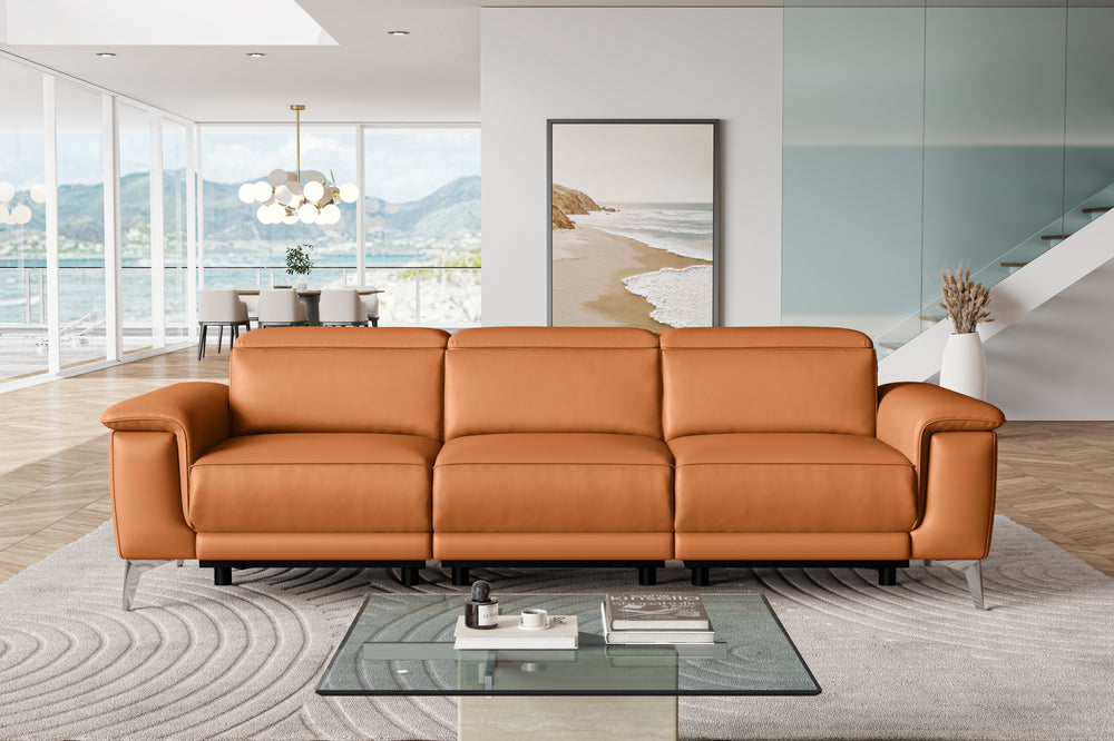 Valencia Pista Modern Top Grain Leather Reclining Three Seats Sofa, Cognac