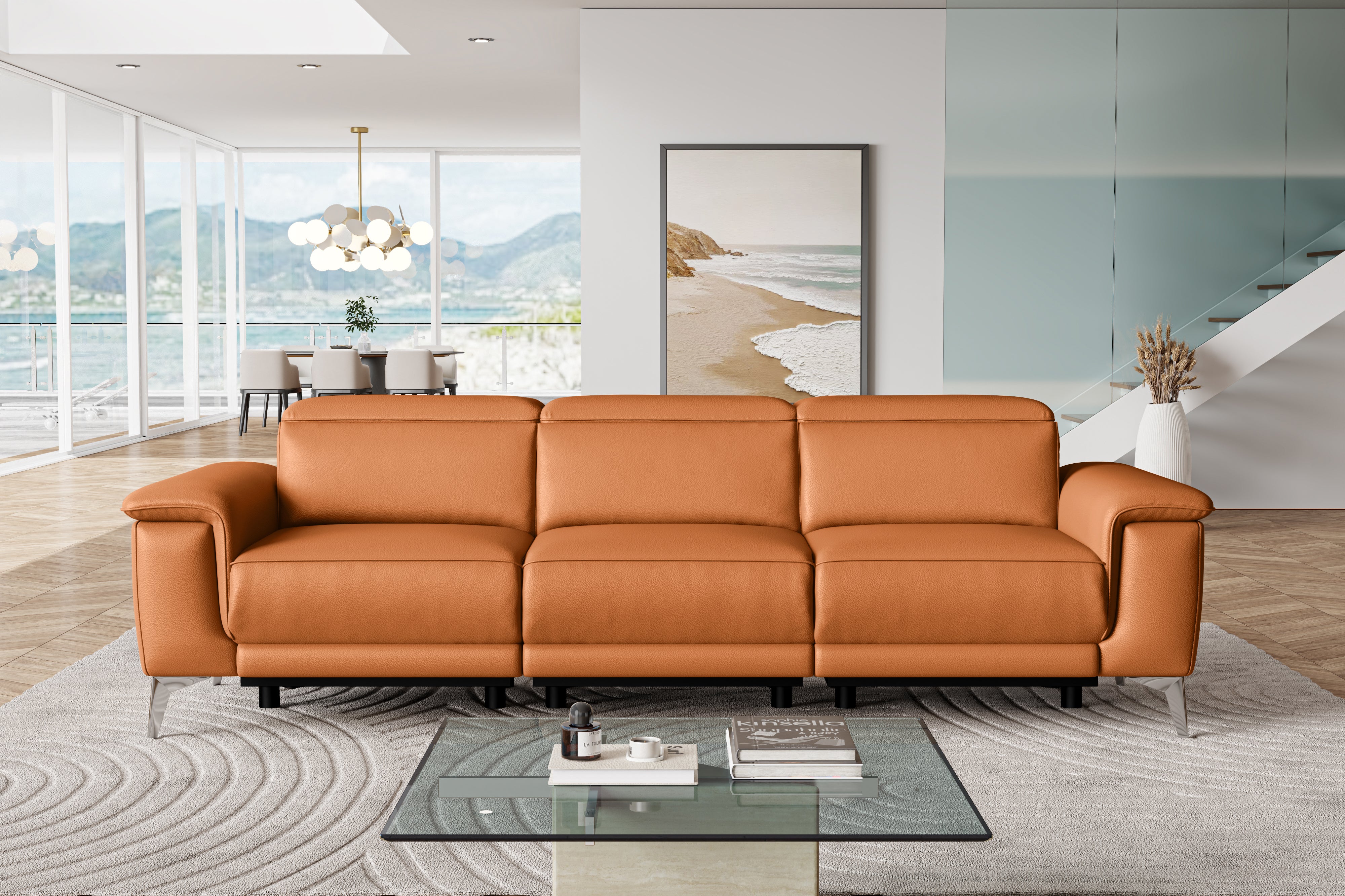 Valencia Pista Modern Top Grain Leather Reclining Three Seats Sofa, Cognac