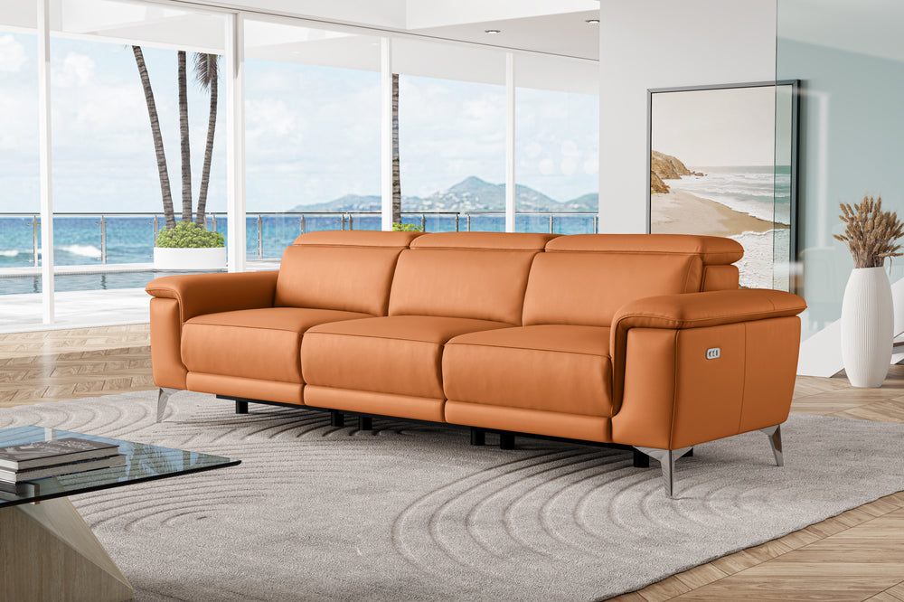 Valencia Pista Modern Top Grain Leather Reclining Three Seats Sofa, Cognac