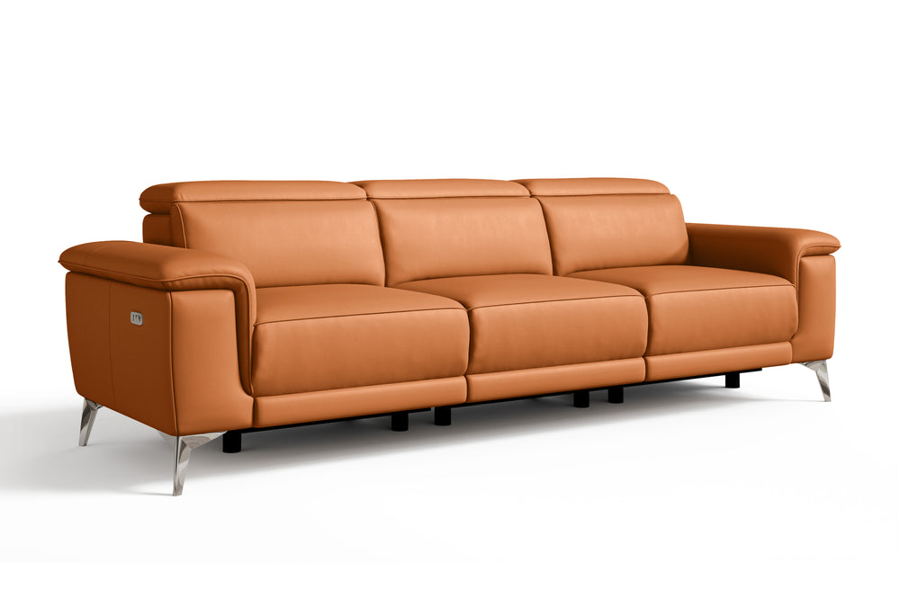 Valencia Pista Modern Top Grain Leather Reclining Three Seats Sofa, Cognac