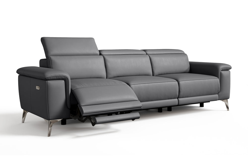 Valencia Pista Modern Top Grain Leather Reclining Three Seats Sofa, Grey