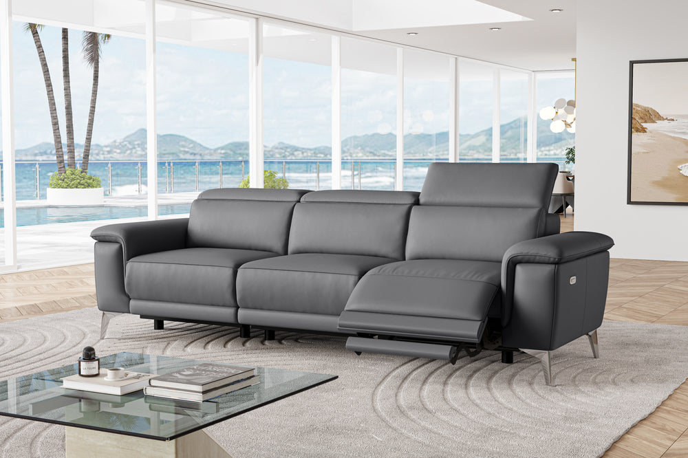 Valencia Pista Modern Top Grain Leather Reclining Three Seats Sofa, Grey