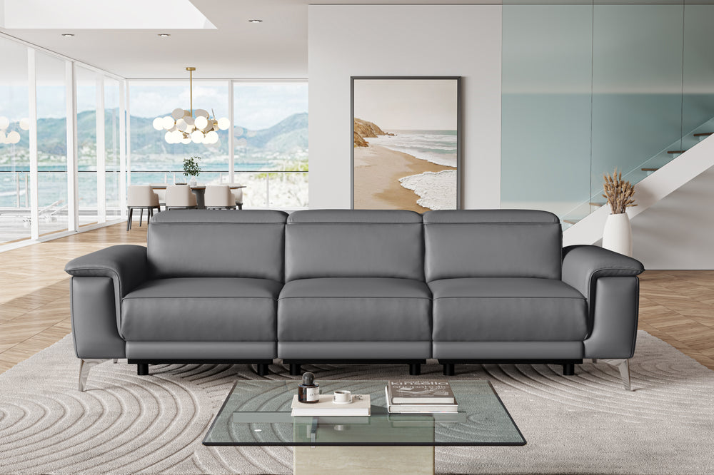 Valencia Pista Modern Top Grain Leather Reclining Three Seats Sofa, Grey