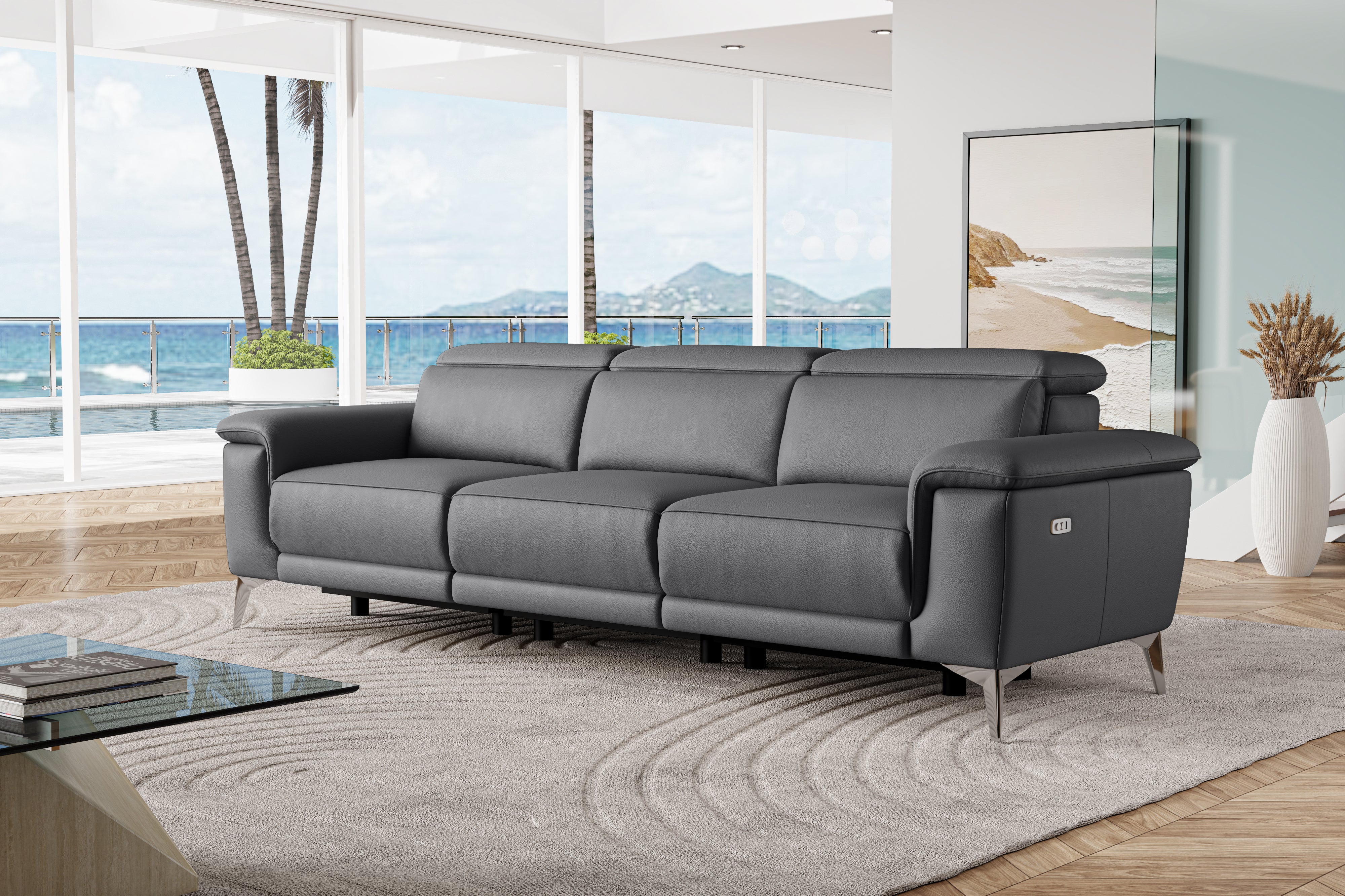 Valencia Pista Modern Top Grain Leather Reclining Three Seats Sofa, Grey