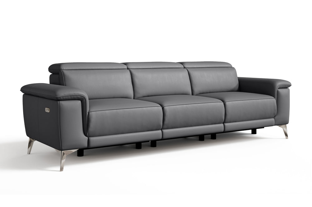 Valencia Pista Modern Top Grain Leather Reclining Three Seats Sofa, Grey