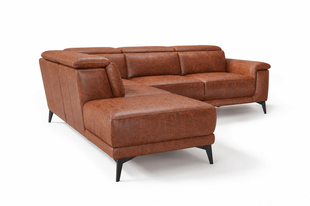 Pista reclining chaise sectional in Tuscan Cognac distressed Italian aniline leather, left chaise configuration