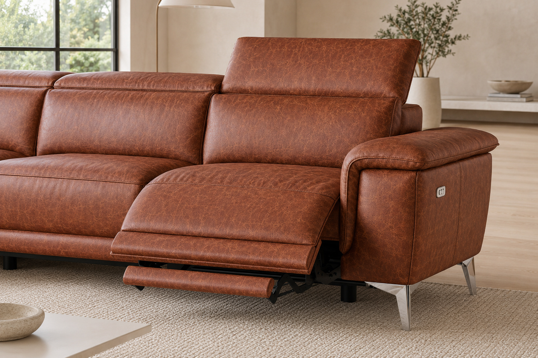 Pista Distressed Leather Reclining Chaise Sectional Sofa