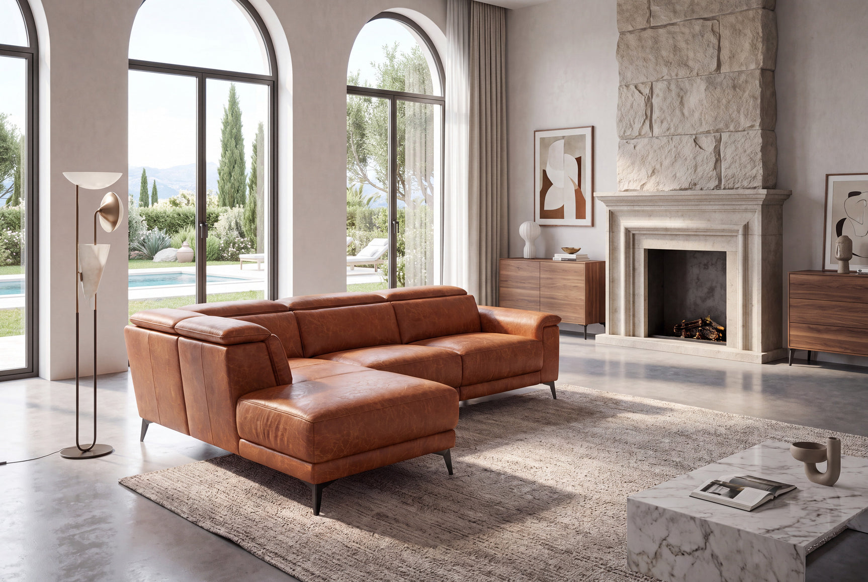 Pista Distressed Leather Reclining Chaise Sectional Sofa